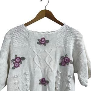 VTG Shenanigans‎ Sweater Women’s L White Floral Embroidered Popcorn Knit (M516)